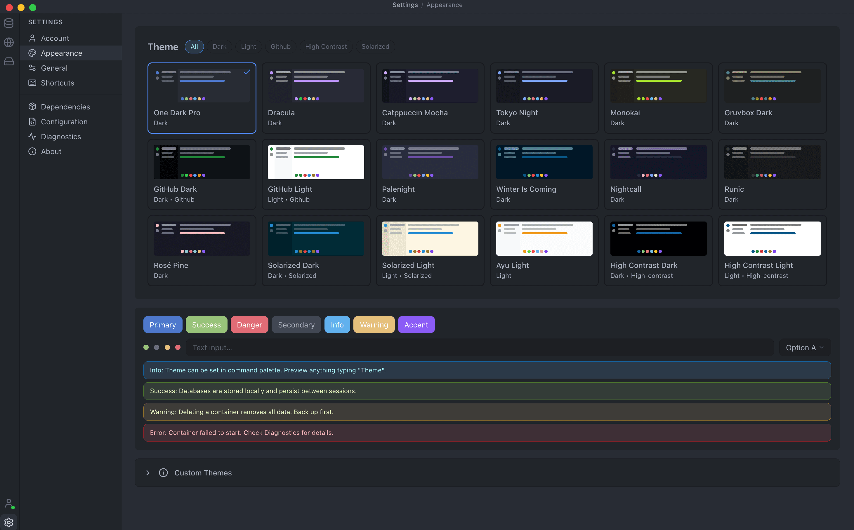 Layerbase Desktop theme settings showing 18 built-in themes including One Dark Pro, Dracula, Catppuccin Mocha, Tokyo Night, and more